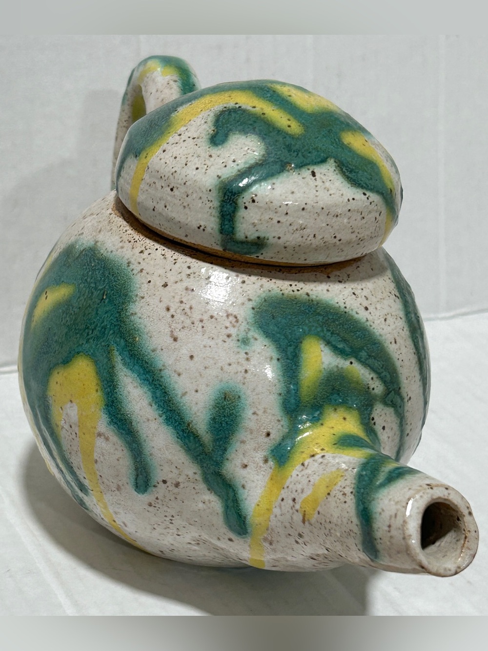Handmade Speckled Ceramic Teapot with Green and Yellow Glaze - Picture 2 of 3